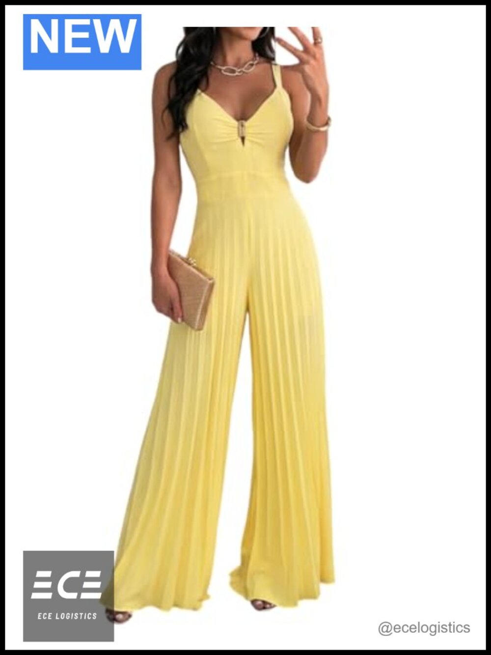 Sleeveless Deep V Sling Pleated Wide Leg Jumpsuit with Lining